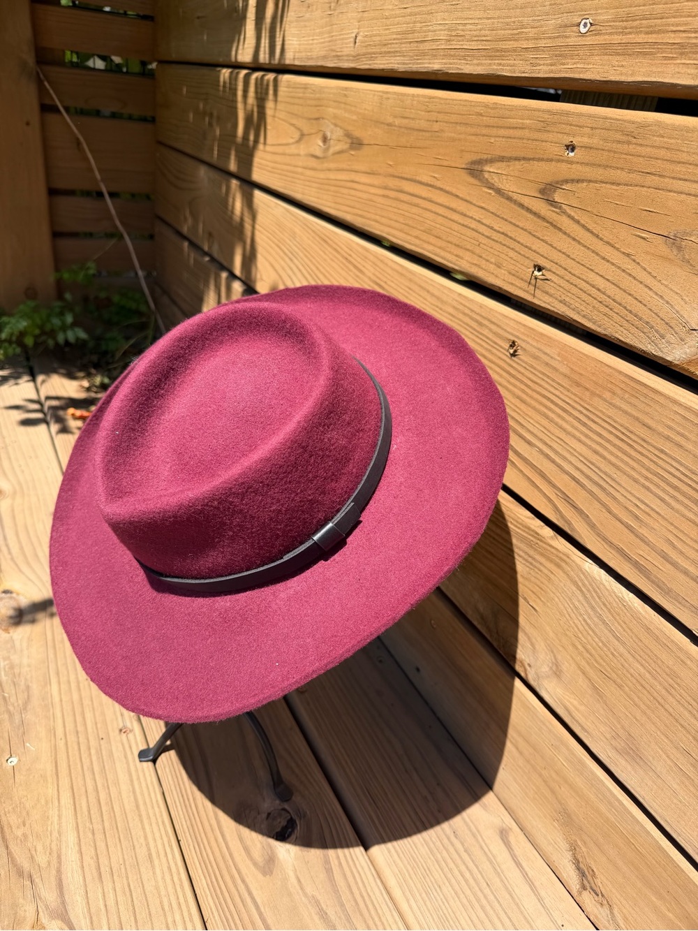Burgundy Wool Fedora|Teardrop crown|Leather band|Wide Brim